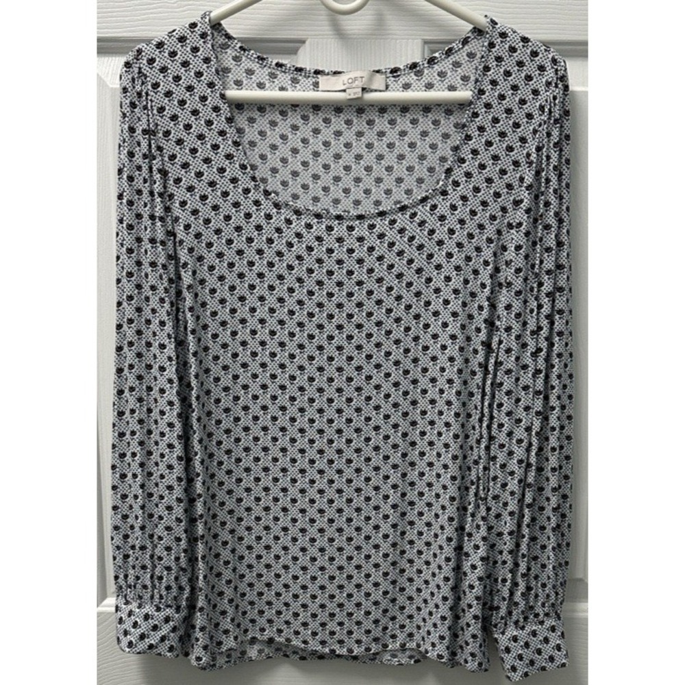 Loft Black White Orange Floral Tulip All Over Print Scoop Neck Blouse Med
